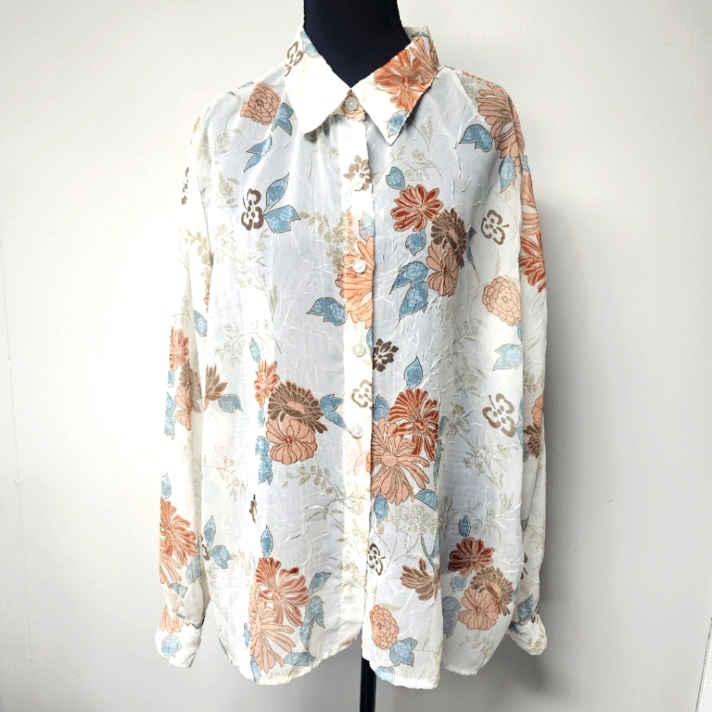 Alfred Dunner Vintage Floral Sheer Cottagecore Lightweight Layering Button Shirt